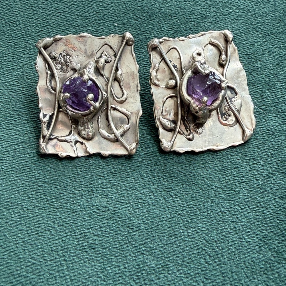 Brutalist Designer Ernandes Brass and Amethyst Earrings